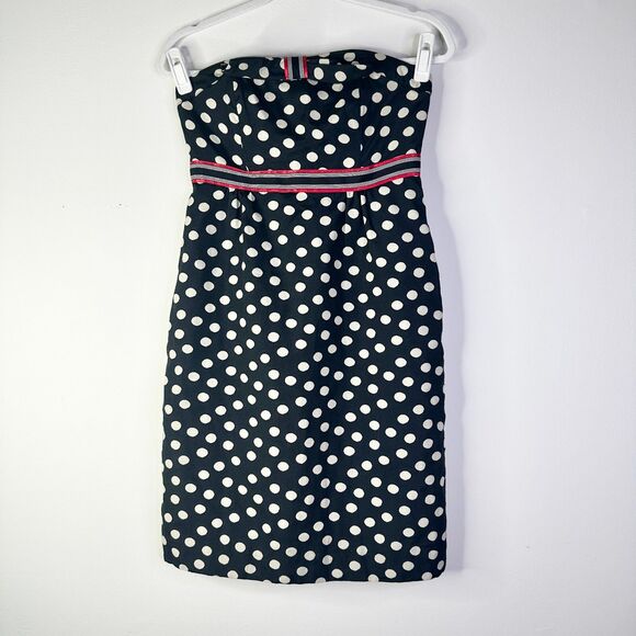 Maeve Anthropologie Dress Women 4 Black Polka Dot Strapless Midi Ribbon Preppy - Picture 2 of 11